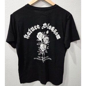 Shein Mens Black Graphic Tee with White Rose Print Nature Blossom Design Size S